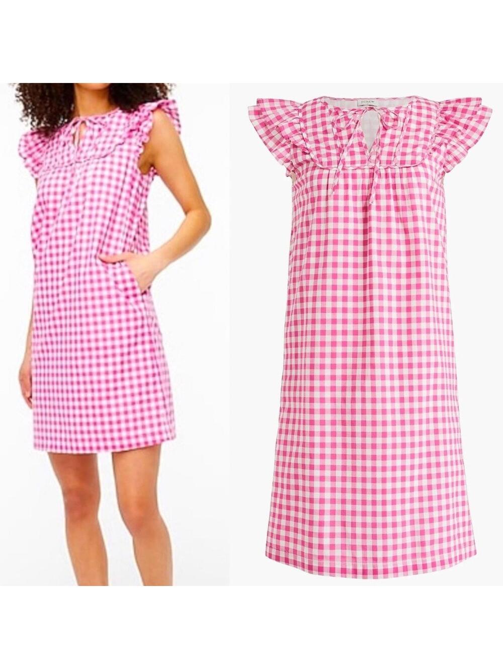 J.Crew Pink Gingham Shift Dress Size 8 Ruffle Sleeve